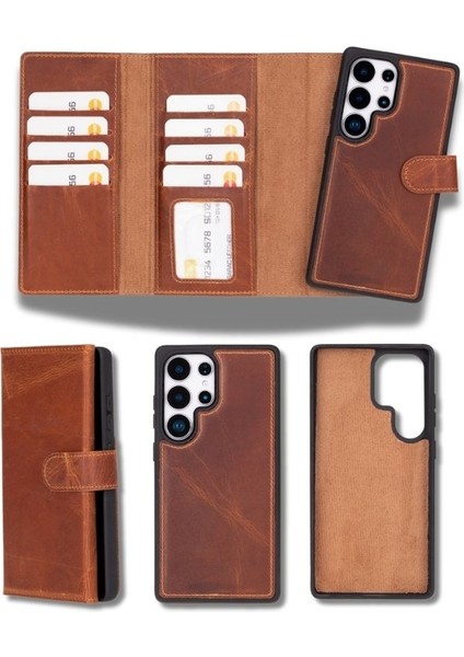 Samsung Galaxy S25 Ultra Uyumlu, Hakiki Deri, El Yapımı, Cüzdanlı Kılıf, Karamel