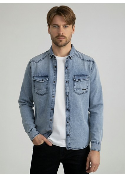 Erkek Gömlek Slim Fit Erkek Yıkamalı Kot Gömlek