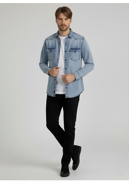 Erkek Gömlek Slim Fit Erkek Yıkamalı Kot Gömlek fırsatları