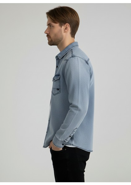 Erkek Gömlek Slim Fit Erkek Yıkamalı Kot Gömlek
