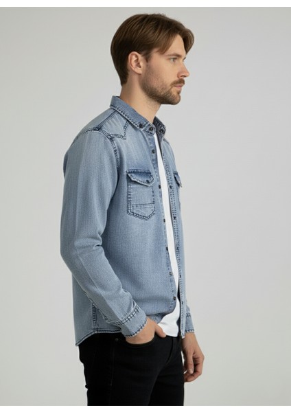 Erkek Gömlek Slim Fit Erkek Yıkamalı Kot Gömlek