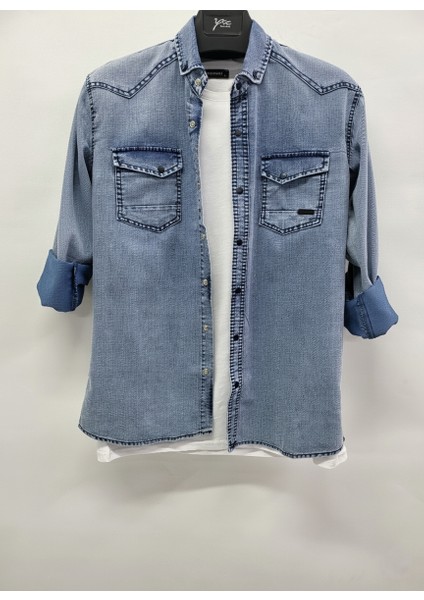 Erkek Gömlek Slim Fit Erkek Yıkamalı Kot Gömlek