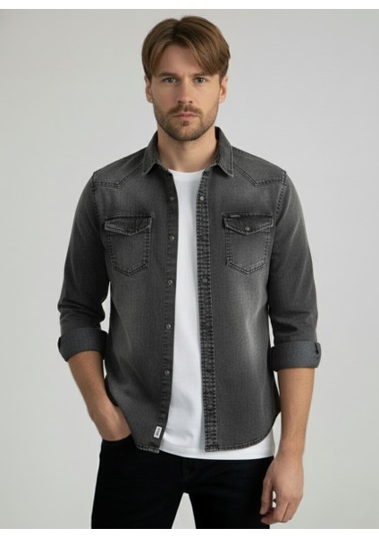 Erkek Gömlek Slim Fit Erkek Yıkamalı Kot Gömlek