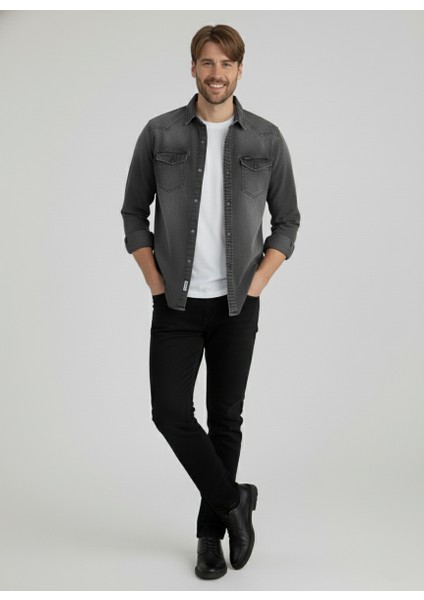 Erkek Gömlek Slim Fit Erkek Yıkamalı Kot Gömlek