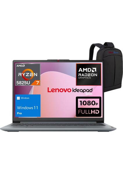 Ideapad Slim 3 Amd Ryzen 7 5825U 8gb 512GB SSD 15.6" Fhd Windows 11 Pro Taşınabilir Bilgisayar 82XM00U8TX - Webzone Çanta Wz3