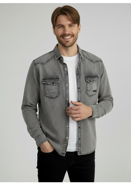 Erkek Gömlek Slim Fit Erkek Yıkamalı Kot Gömlek