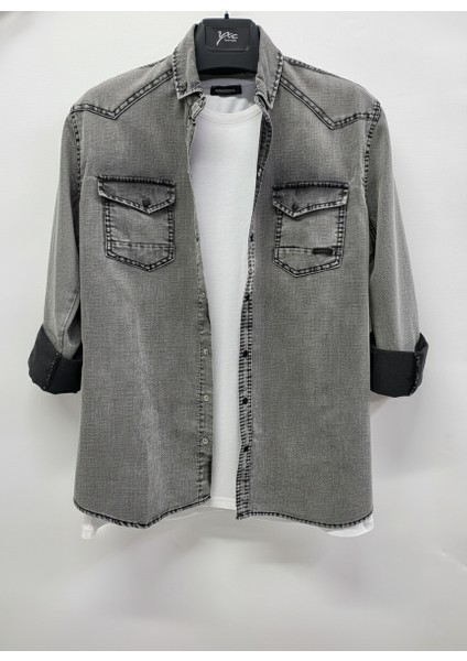 Erkek Gömlek Slim Fit Erkek Yıkamalı Kot Gömlek
