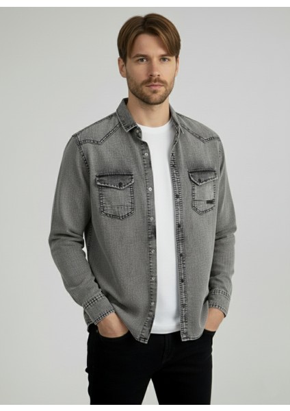 Erkek Gömlek Slim Fit Erkek Yıkamalı Kot Gömlek