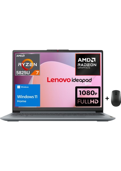 Ideapad Slim 3 Amd Ryzen 7 5825U 8gb 1tb SSD 15.6" Windows 11 Home Fhd Taşınabilir Bilgisayar 82XM00U8TX - Lenovo Mouse WZ10