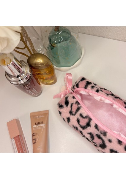 Pembe Leopar Peluş Makyaj Çantası/kalemlik | Saten Astarlı ve Kurdele Detaylı