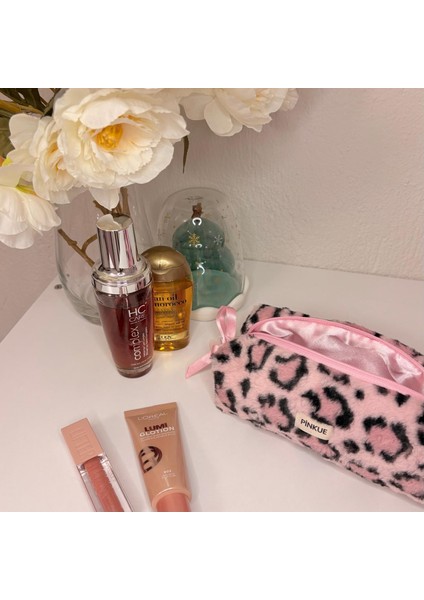 Pembe Leopar Peluş Makyaj Çantası/kalemlik | Saten Astarlı ve Kurdele Detaylı modelleri