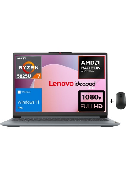 Ideapad Slim 3 Amd Ryzen 7 5825U 8gb 512GB SSD 15.6" Fhd Windows 11 Pro Taşınabilir Bilgisayar 82XM00U8TX - Lenovo Mouse WZ11