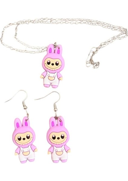 Labubu Figürlü Silikon Karışık Renk Çocuk Kolye ve Küpe Set (Zincir Uzunluğu 45 Cm) fiyatları
