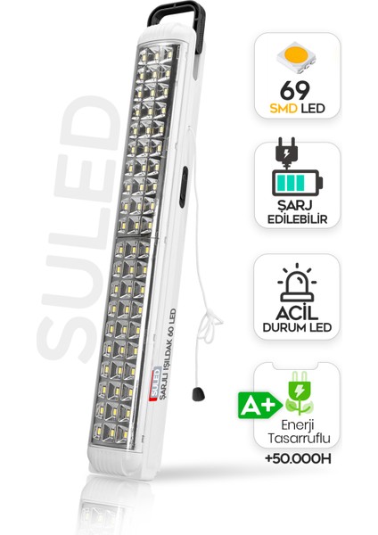 SL-1024 69 Power Li Işıldak Çekmeli Ipli Fener Şarjlı Işıldak 2 Kademeli Aydınlatma Kamp El Feneri