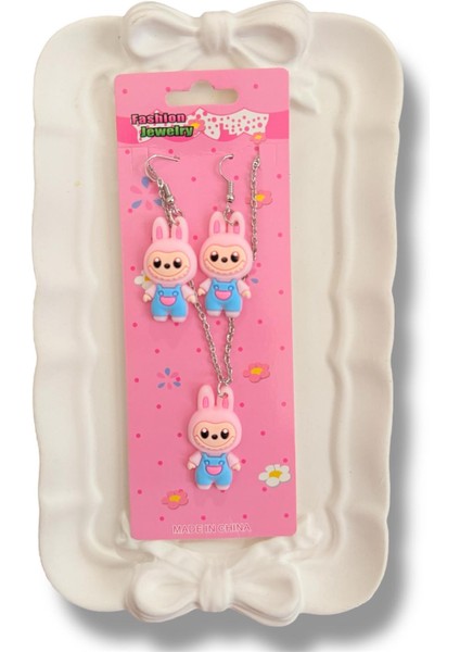 Labubu Figürlü Silikon Karışık Renk Çocuk Kolye ve Küpe Set (Zincir Uzunluğu 45 Cm) modelleri
