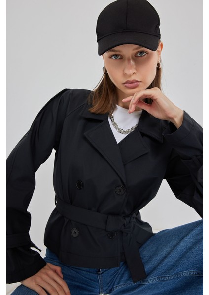 Kadın Kemerli Kısa Trençkot 5970 - Siyah