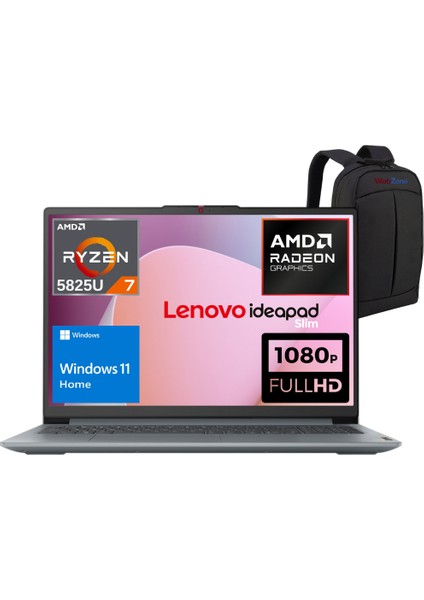 Ideapad Slim 3 Amd Ryzen 7 5825U 8gb 512GB SSD 15.6" Fhd Windows 11 Home Taşınabilir Bilgisayar 82XM00U8TX - Webzone Çanta Wz1