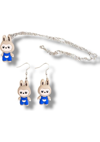 Labubu Figürlü Silikon Karışık Renk Çocuk Kolye ve Küpe Set (Zincir Uzunluğu 45 Cm)