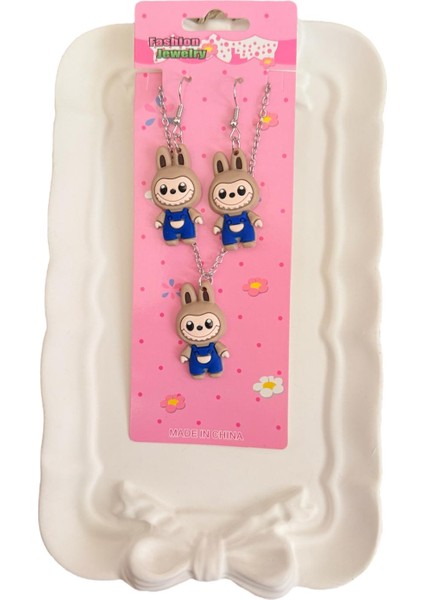 Labubu Figürlü Silikon Karışık Renk Çocuk Kolye ve Küpe Set (Zincir Uzunluğu 45 Cm) fiyatları