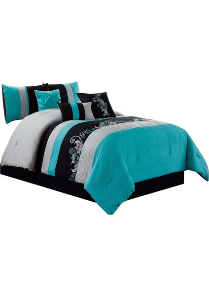 Napa 7 Parça Lüks Yapraklar Kıvrımlı Nakış Yatak Yorgan Seti (Kraliçe, Cam Göbeği Mavisi/gri/siyah)