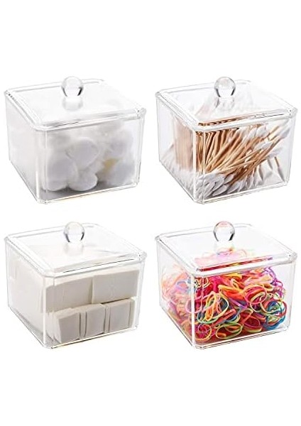 Deconox Şeffaf Akrilik Kare Pamuk ve Kulak Çubuğu Organizeri, Pamukluk ve Kutusu