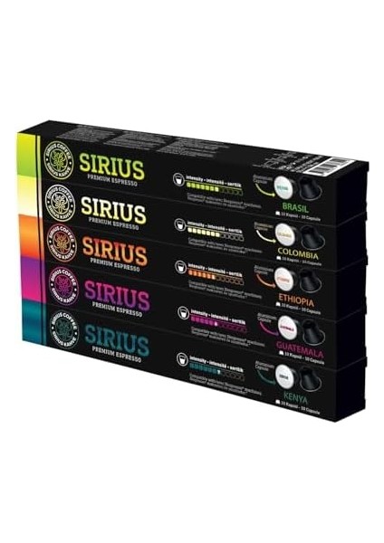 Sirius Nespresso Uyumlu Kapsül Kahve Ethiopia,colombia,guatemala,kenya,brasil (Nespresso Uyumlu) 5li Set (50 Kapsül)
