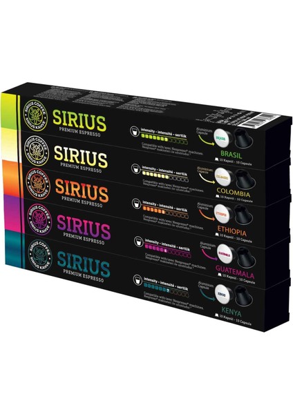 Sirius Nespresso Uyumlu Kapsül Kahve Ethiopia,colombia,guatemala,kenya,brasil (Nespresso Uyumlu) 5li Set (50 Kapsül) fiyatları