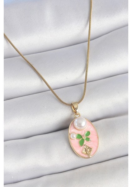 316L Çelik Gold Renk Zincir Pembe Mineli Oval Incili Çiçek Işlemeli Portre Model Kadın Kolye