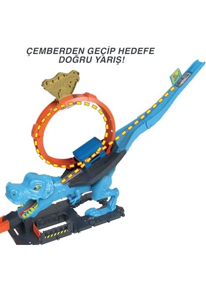Dinozor ile Mücadele™ Oyun Seti 1 Adet Oyuncak Araba Içeren Hot ™ Şehri Pist Seti, T-Rex Akrobasi ve Yarış Çemberli Oyun Seti HKX42 modelleri