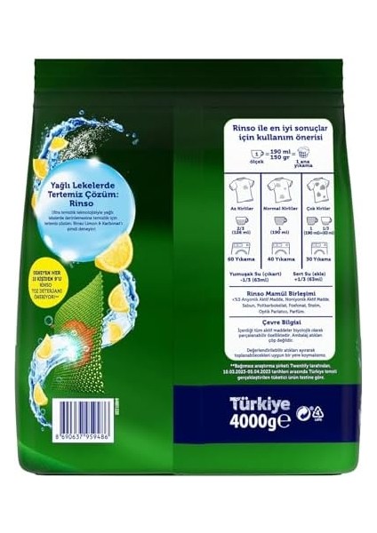 Rinso Toz Çamaşır Deterjanı Limon ve Karbonat Renkliler ve Beyazlar Için 4 kg fiyatları
