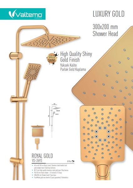 | Valtemo Royal Gold Yağmurlama Tepe Duş Seti - Butonlu Sistem - Kolay Kireç Temizleme modelleri