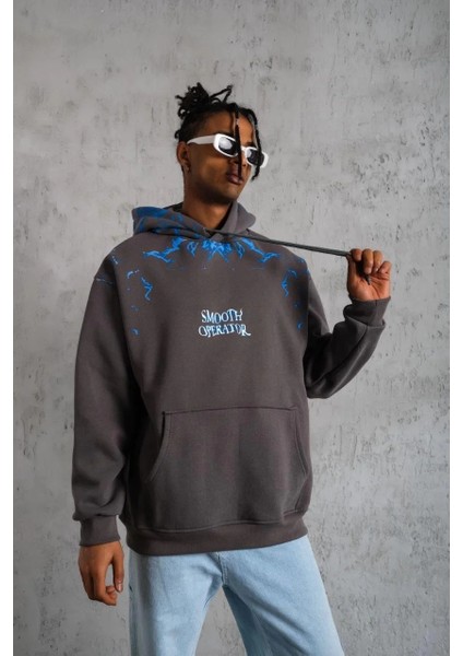 Erkek Yıldırım Baskılı Kapşonlu Sweatshirt - Gri modelleri