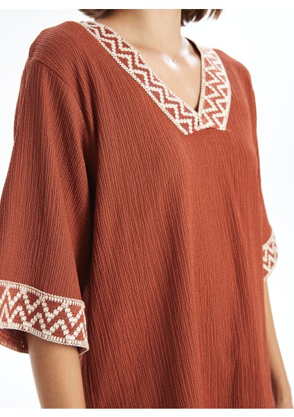 Yeni Sezon V Yaka Desenli Oversize Dokulu Kadın Bluz modelleri