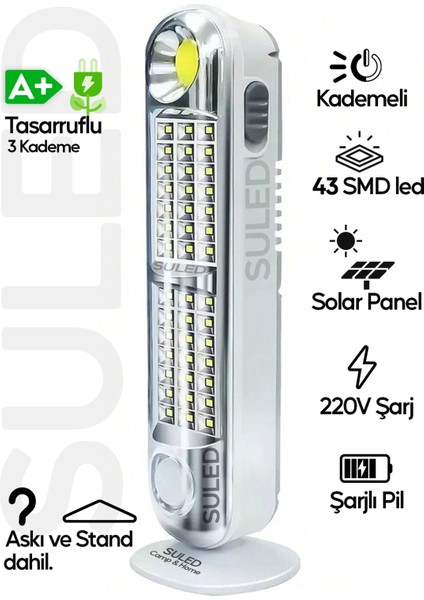 Acil Durum LED & Kamp Lambası Güneş Şarjlı Işıldak 2 Kademeli Aydınlatma Tamir Ev Kamp El Feneri