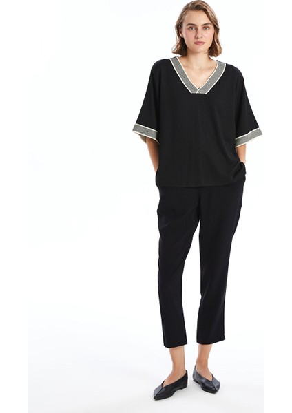 Yeni Sezon V Yaka Desenli Oversize Dokulu Kadın Bluz fiyatları