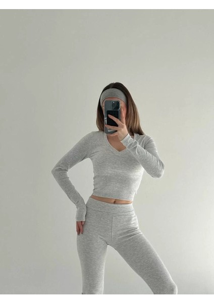 V Yaka Uzun Kollu Bluz Ispanyol Paçalı Tayt Ikili Takım - Gri