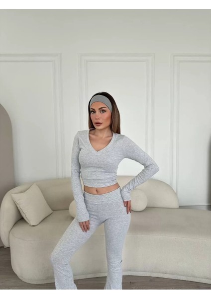 V Yaka Uzun Kollu Bluz Ispanyol Paçalı Tayt Ikili Takım - Gri fiyatları