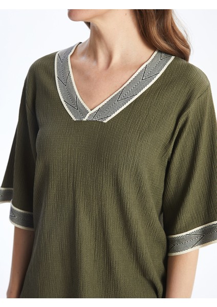 Yeni Sezon V Yaka Desenli Oversize Dokulu Kadın Bluz modelleri