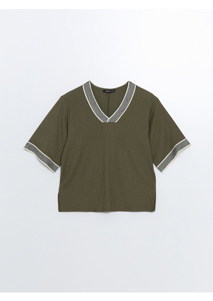 Yeni Sezon V Yaka Desenli Oversize Dokulu Kadın Bluz indirimleri