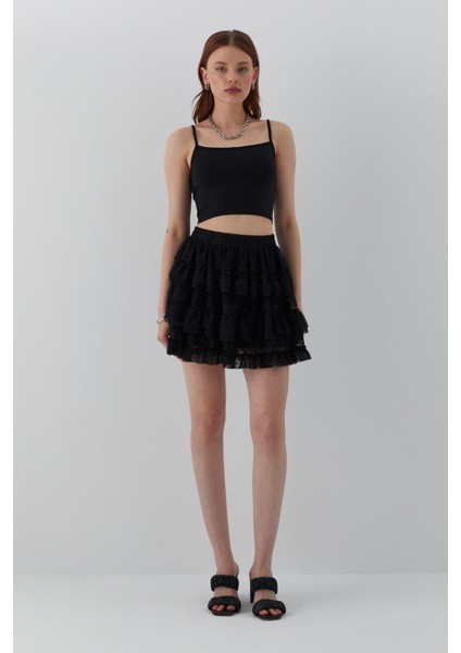Tül Fırfırlı Şortlu Mini Etek Siyah fiyatları