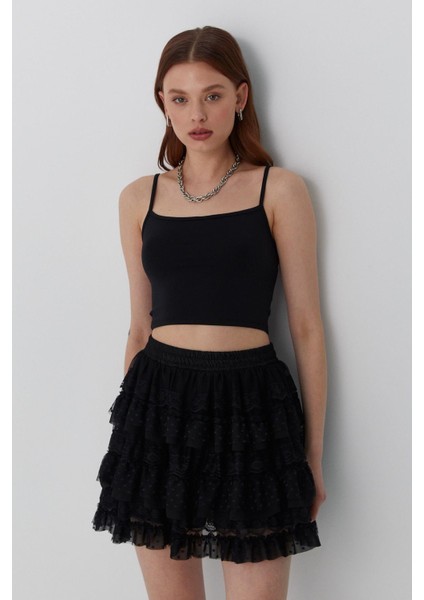 Tül Fırfırlı Şortlu Mini Etek Siyah modelleri