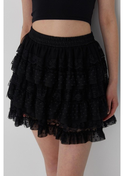 Tül Fırfırlı Şortlu Mini Etek Siyah fırsatları