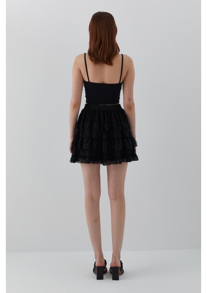 Tül Fırfırlı Şortlu Mini Etek Siyah indirimleri