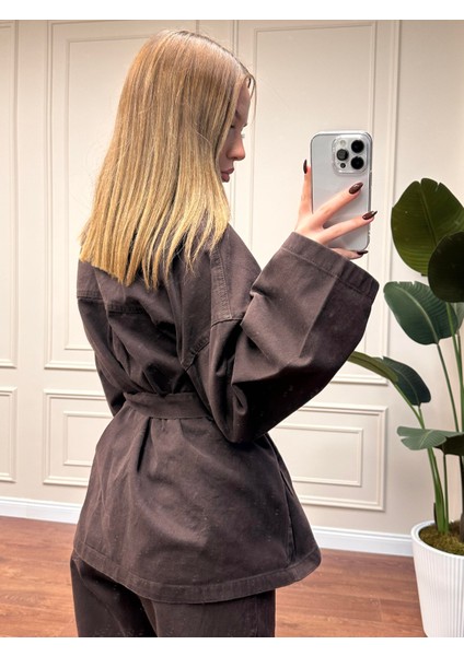 Beli Kuşaklı Kot Takım - Kahverengi fiyatları