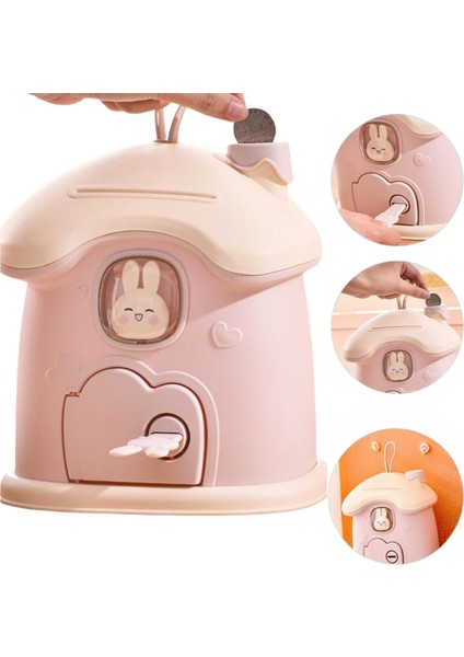 Anahtarlı Sevimli Tavşan Ev Kumbarası Pembe Renkli Şık Dekoratif Para Kutusu