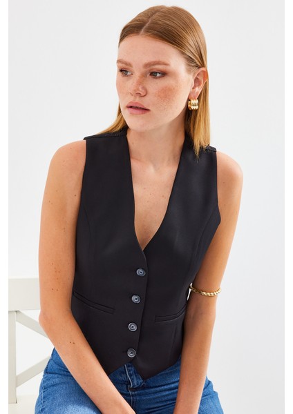 6796 Kısa Dokuma Yelek - Siyah