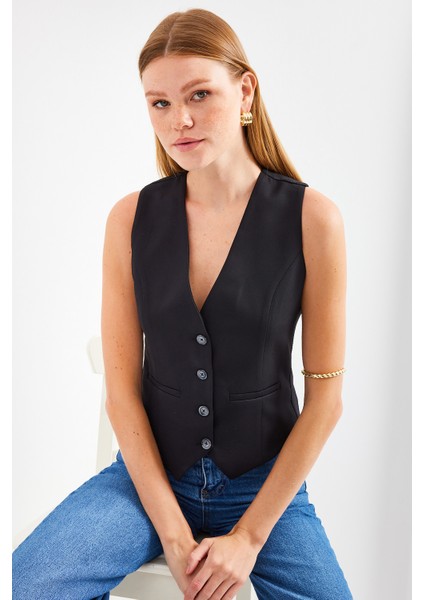 6796 Kısa Dokuma Yelek - Siyah fırsatları