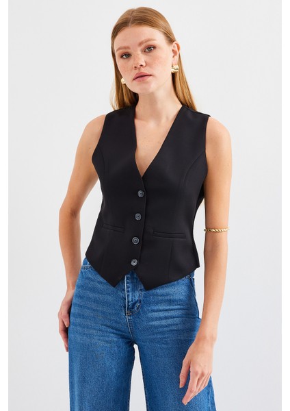 6796 Kısa Dokuma Yelek - Siyah indirimleri