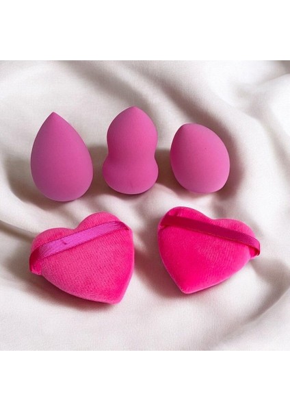 Pembe 5 Adet Güzellik Makyaj Süngeri Seti 3 Adet Sünger + 2 Adet Kalpli Pudra Fondöten Bb Krem Uygulama Aparatı Yıkanabilir Sünger -Puff