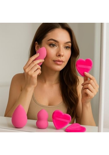 Pembe 5 Adet Güzellik Makyaj Süngeri Seti 3 Adet Sünger + 2 Adet Kalpli Pudra Fondöten Bb Krem Uygulama Aparatı Yıkanabilir Sünger -Puff fiyatları